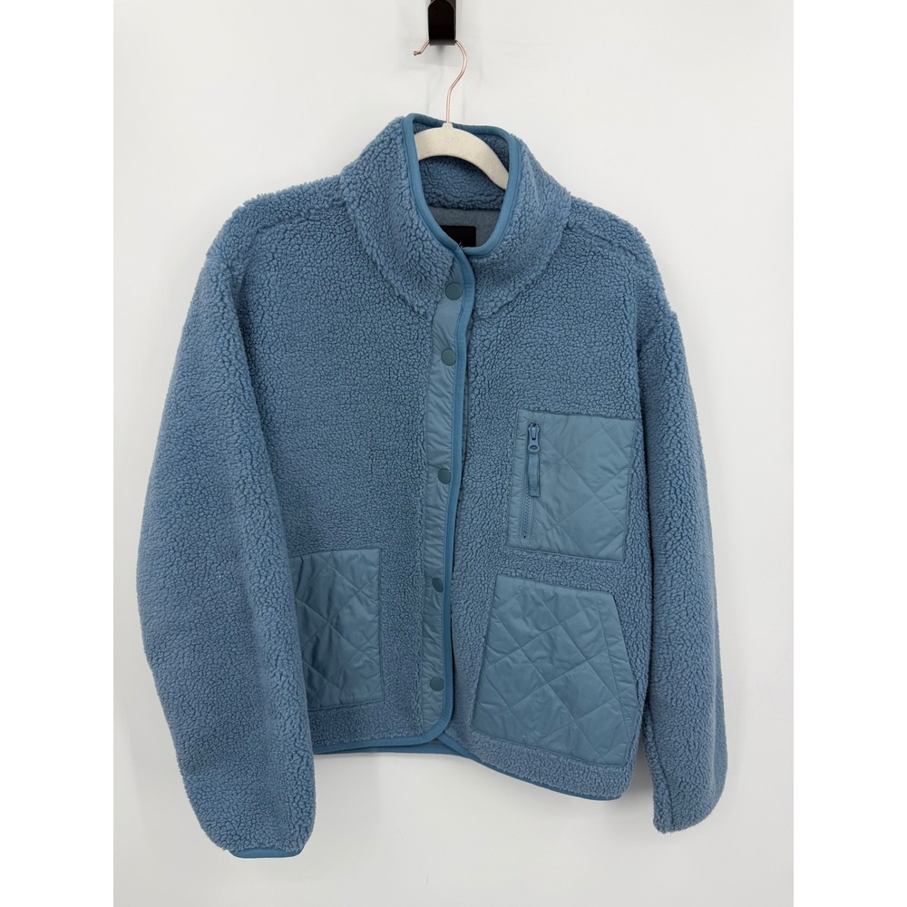 Rails Lorna Sherpa Fleece Jacket Women Large Steel Blue Quilted Pocket Snap